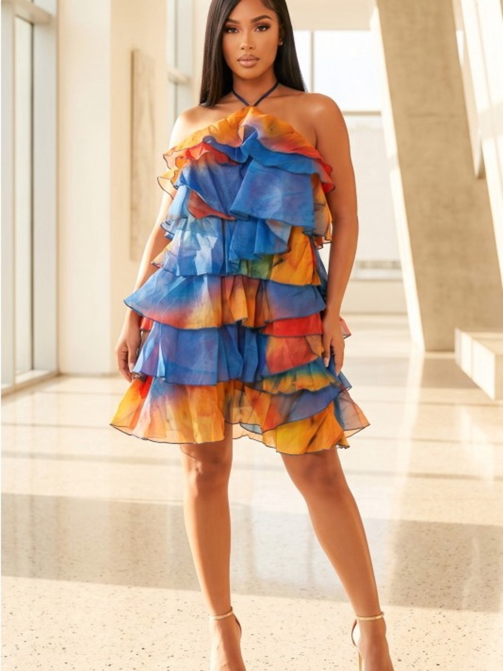 Tiered Ruffle Halter Dress - Blue Multi D-69905